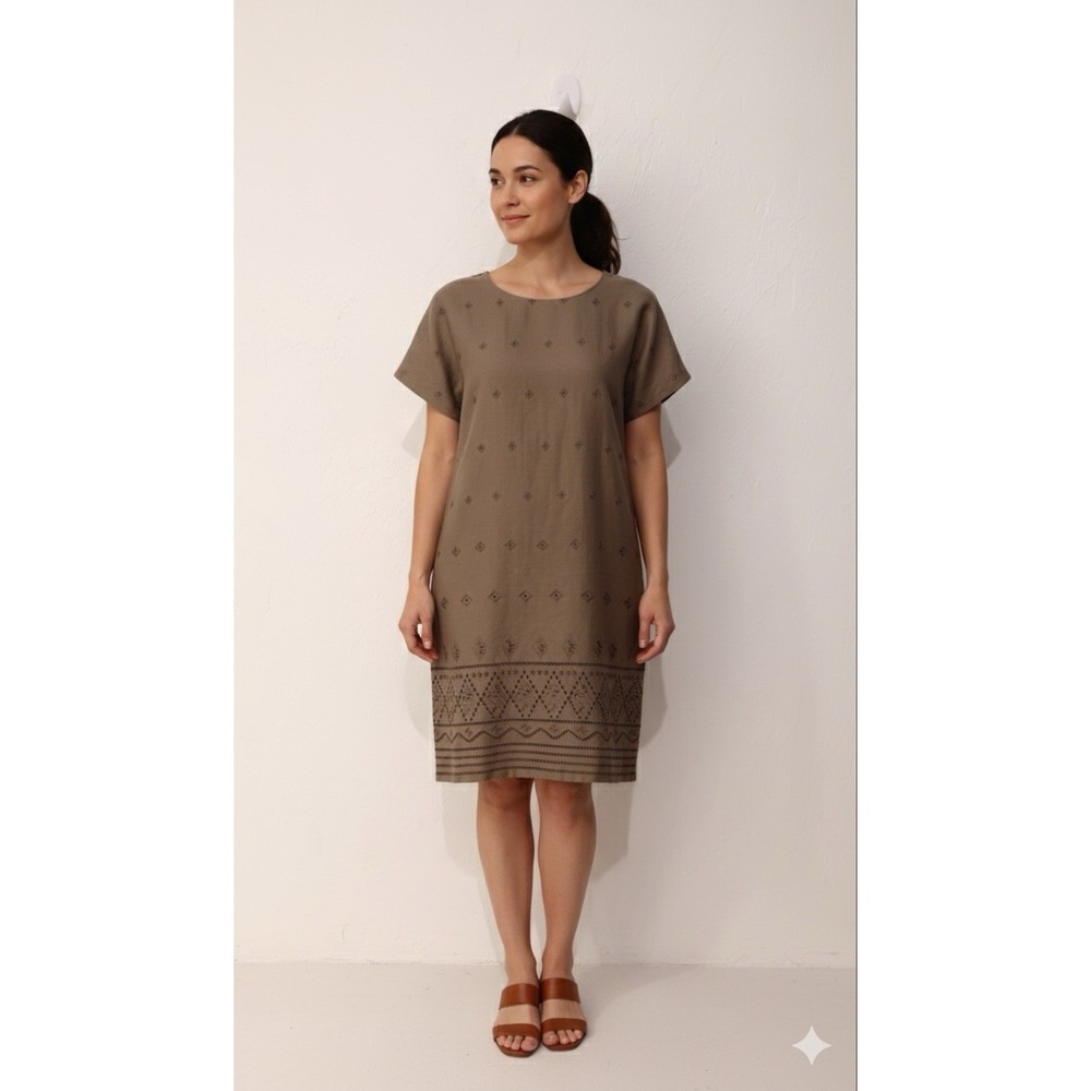 Jones New York Dress 12 Brown Linen Eyelet Embroidered Shift Short Sleeve Boho‎